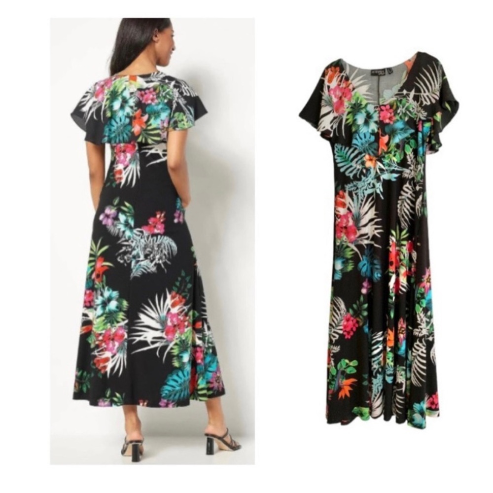 Attitudes by Renee maxi dress, floral on black, flounce collar Size Med